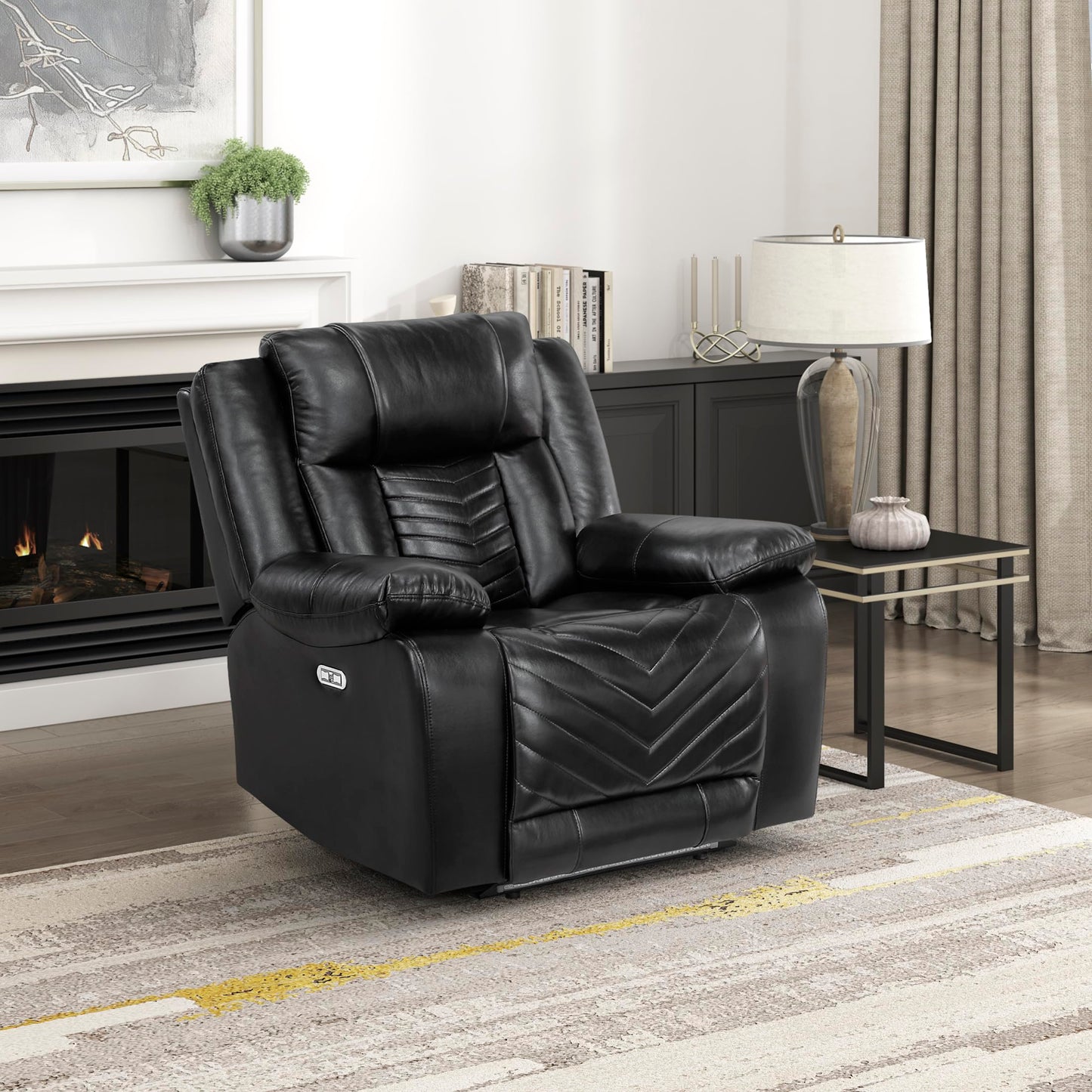 Lexicon Power Recliner Chair, Faux Leather Upholstered Home Theater Seating with LED Lighting, USB Charging Ports, Single Wall Hugger Reclining Chair for Living Room/Bedroom Easy Assembly, Black