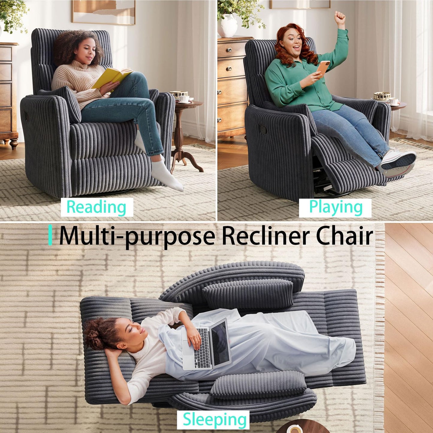 LINSY 360 Swivel Rocker Recliner - Corduroy Nursery Glider Rocking Chair with 2 Pillows, Comfy High Back Adult Recliner for Small Spaces, Nursery Bedroom Living Room Reclining Chairs (Grey)