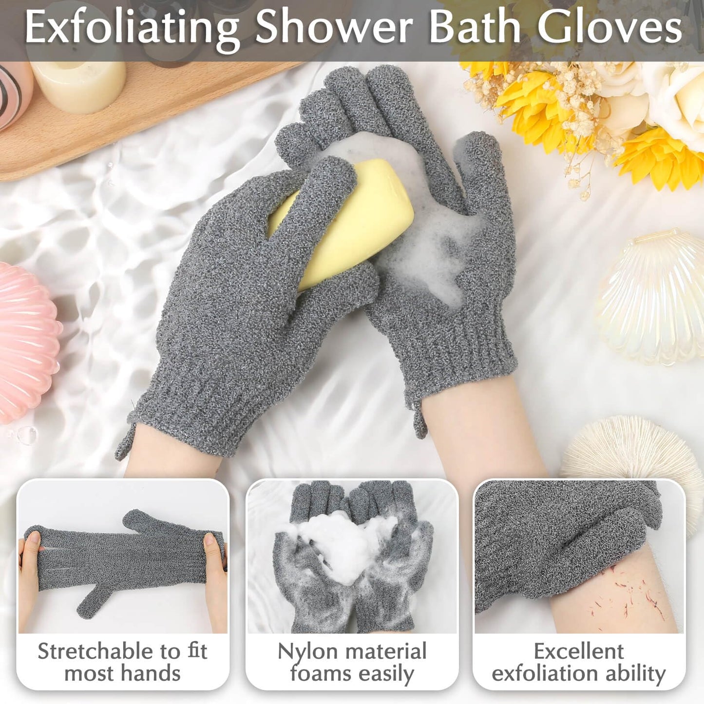 Anezus Exfoliating Back Scrubber Bath Gloves Set, Exfoliating Shower Towel with Shower Gloves for Body Scrub, Back Cleaner Wash Gloves to Remove Dead Skin (Grey)