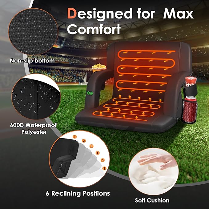 HOPERAN 2pcs Dual-Sided Heated Stadium Seats for Bleachers with Back Support, 3 Levels Heating Stadium Seating for Bleachers Seat with Backrest, 5 Pockets Portable Stadium Chair for Outdoor