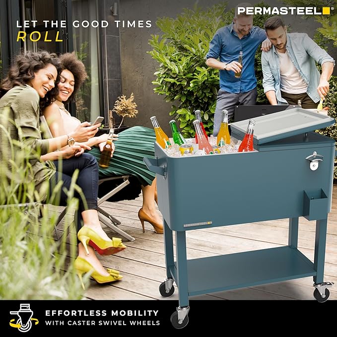 Permasteel Party Cooler with Removable Basin, Spacious 80-Qt Capacity, Rolling Ice Chest for Indoor and Outdoor Entertainment Teal + Bonus Cover