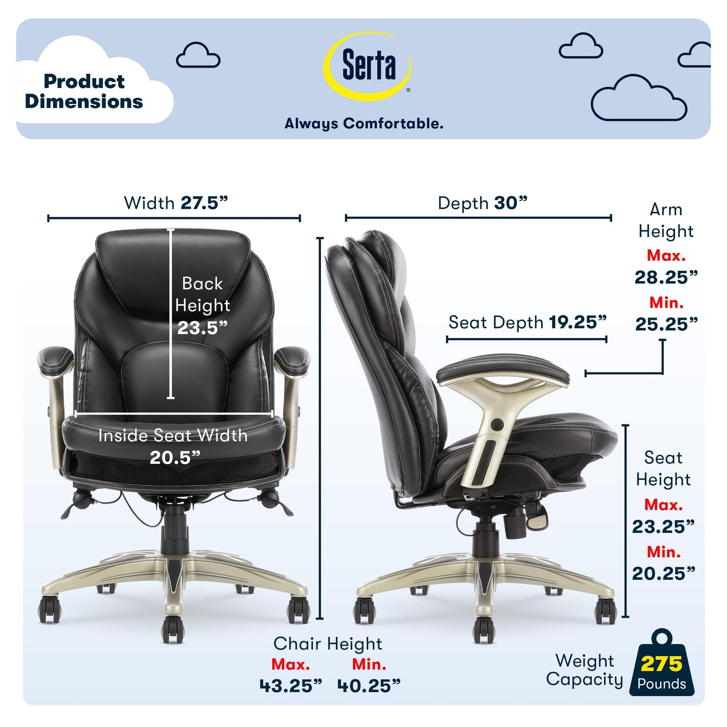 Serta Claremont Ergonomic Executive Office Chair with Back in Motion Technology, Adjustable Mid Back Desk Chair with Lumbar Support, Bonded Leather, Black