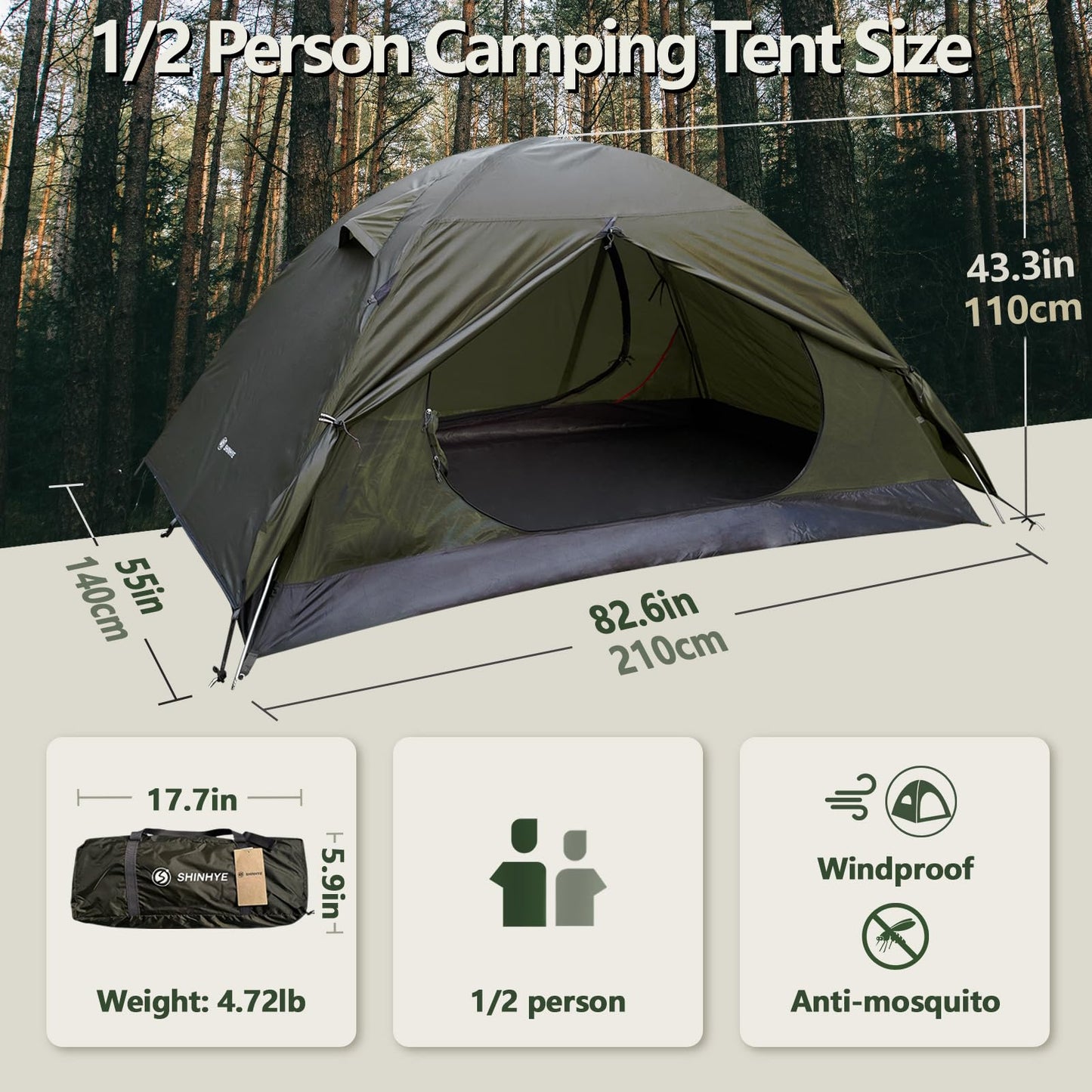 Backpacking Tent for Camping 2/3/4 Person Hiking Ultralight Tent for Waterproof Windproof Outdoor Two Doors Tents Easy Quick Setup Lightweight Tent Instant Tent (Green, 2 Person)