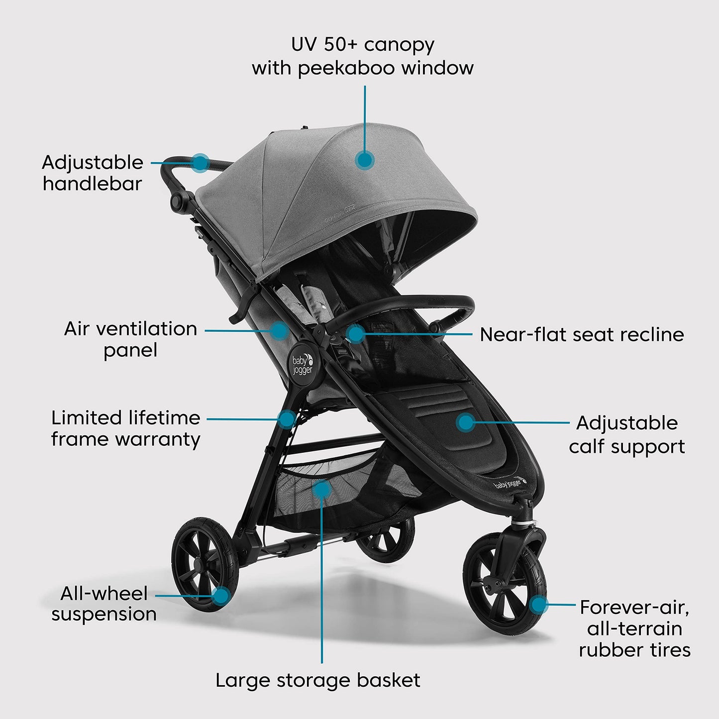 Baby Jogger City Mini GT2 All-Terrain Lightweight Stroller with Forever Air Tires One-Hand Fold and All-Wheel Suspension Pike Exclusive Includes Belly Bar Leatherette Handlebar & Premium Fabric