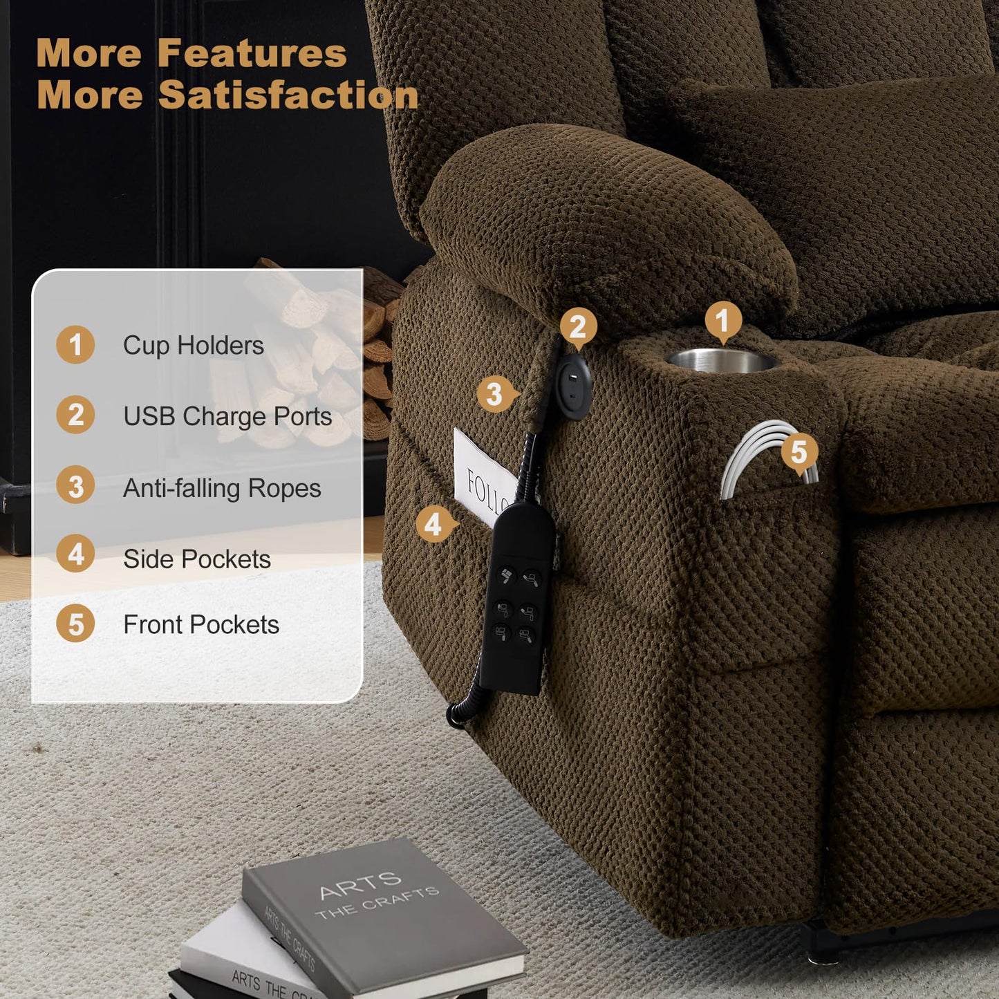 Madaha Electric Power Large Lift Recliner Chair Sofa with Massage and Heat for Elderly, Oversized Lay Flat Dual Motor Infinite Position Recliner Chair, Side Pockets, Cup Holders, USB Ports (Brown)
