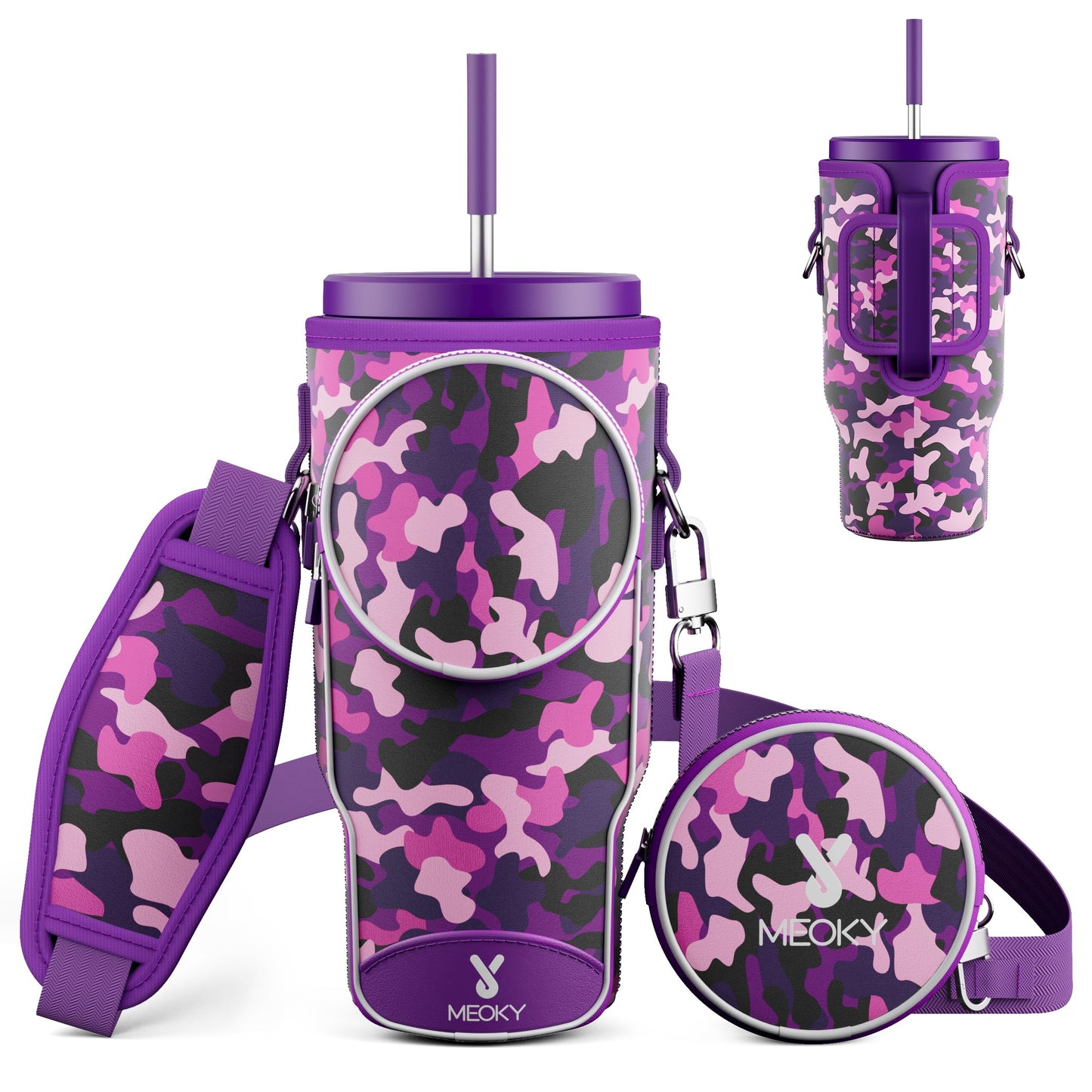 Meoky Water Bottle Carrier Bag with Phone Pocket for 40 oz Tumbler with Handle, Neoprene Water Bottle Holder Pouch with Adjustable Strap, 2 Carabiner Clips (Purple Mix)