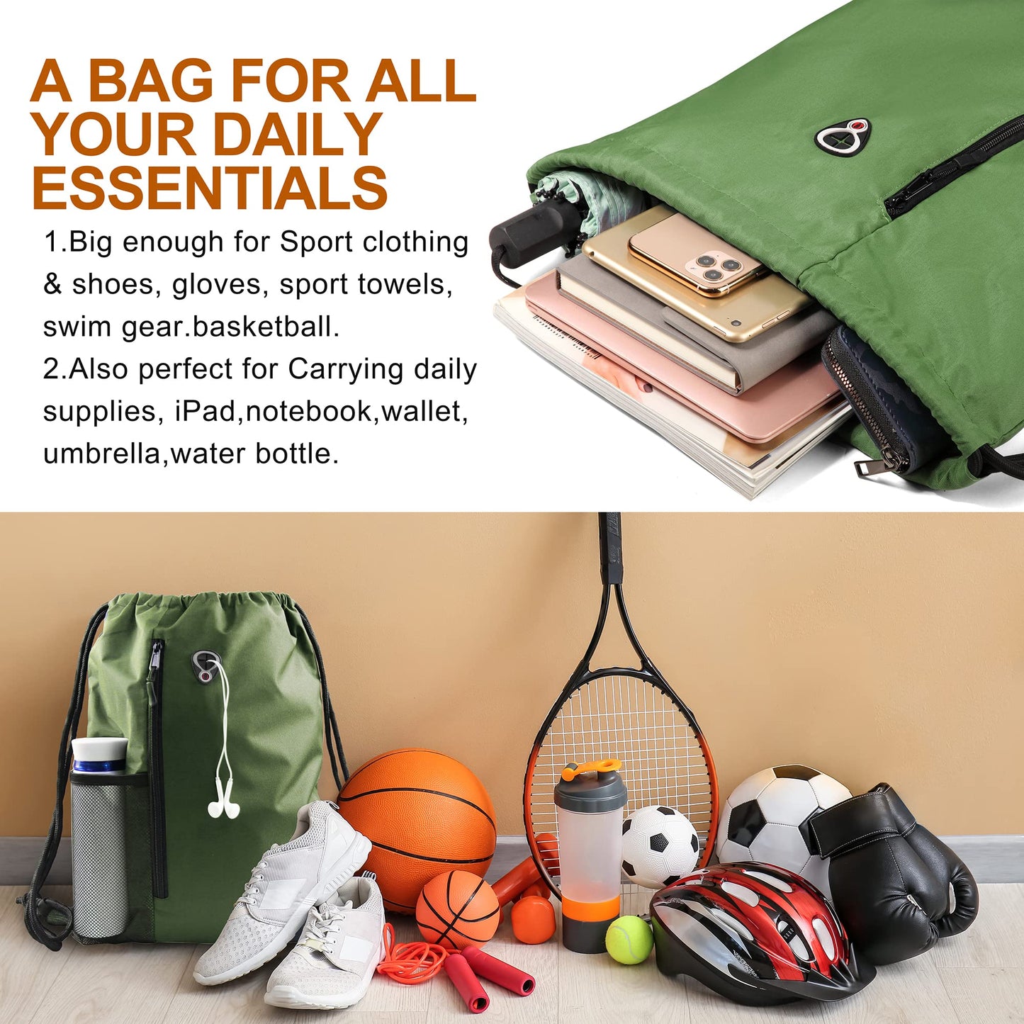 BeeGreen Green Drawstrings Backpacks Bags For Men String Backpack For Women With Water Bottle Pocket &Front Zippered Pocket Large Sackpack For Traveling Yoga Beach Outdoor Gym