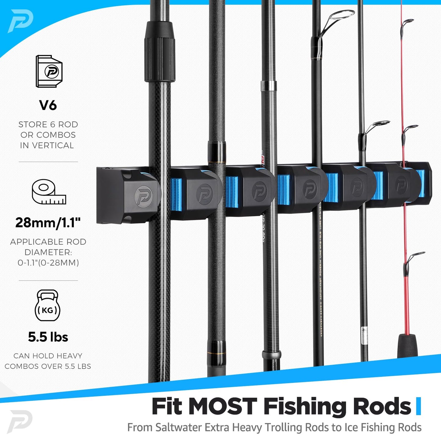 PLUSINNO Fishing Gifts for Men - V6 Vertical Fishing Rod/Pole Holders, Support Extra Large & Heavy Fishing Rod Combos, Fishing Rod Holders for Garage, Wall Mounted Fishing Rod Rack Storage