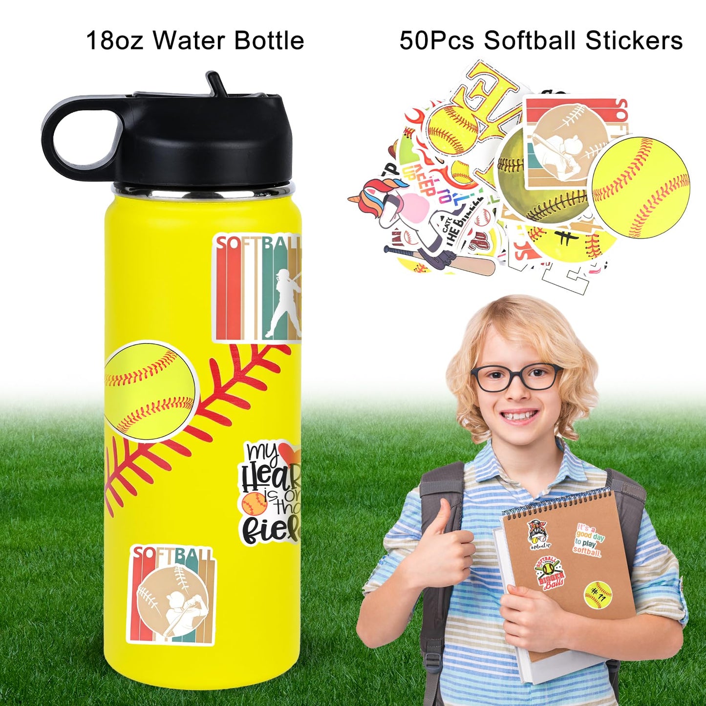 RhythmFit Softball Gifts for Girls,Softball Water Bottle and 50PCS Stickers Accessories Stuff for Player Lovers(18OZ)