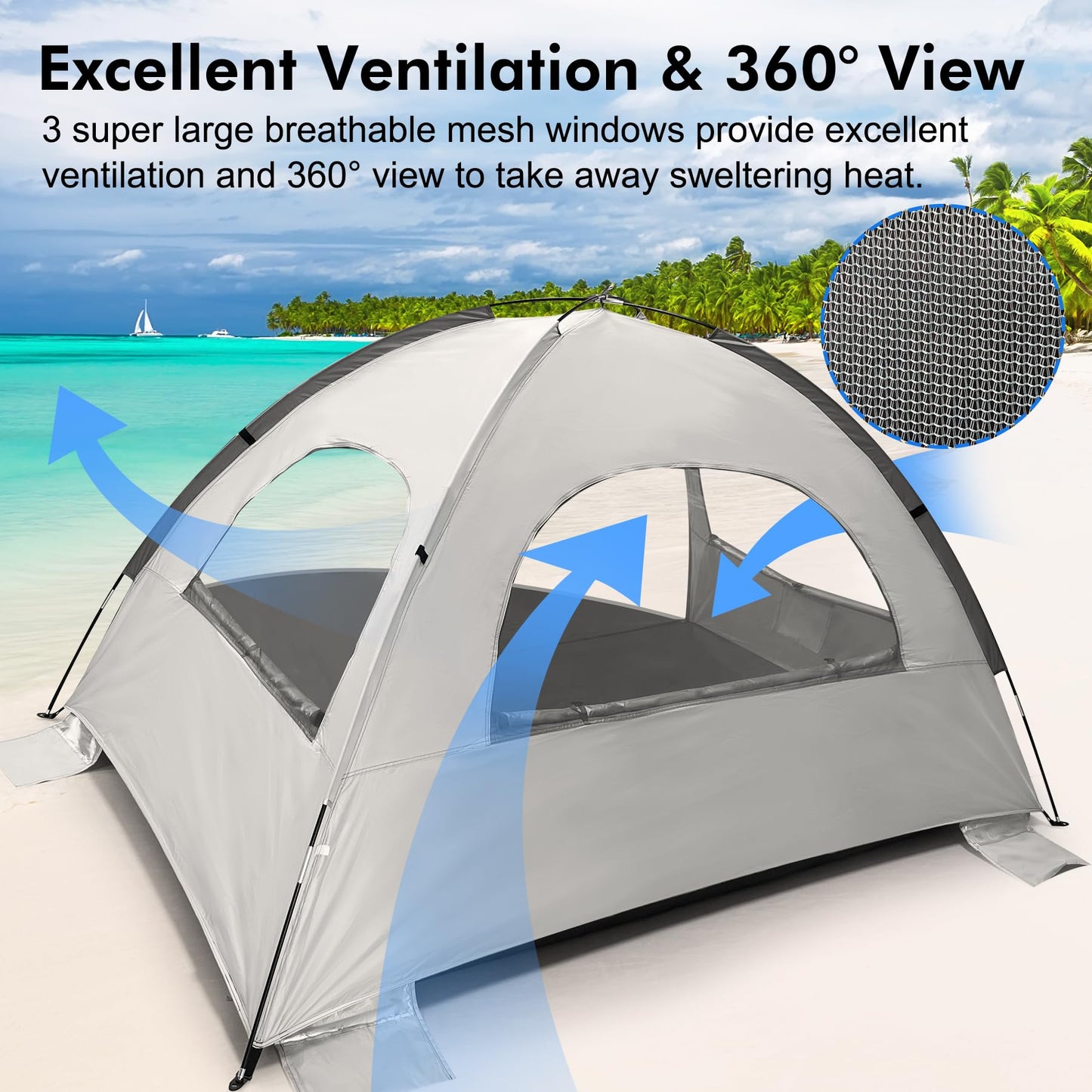 WhiteFang Beach Tent Anti-UV Portable Sun Shade Shelter for 4 Person, Extendable Floor with 3 Ventilating Mesh Windows Plus Carrying Bag, Stakes and Guy Lines (Baby's Breath)