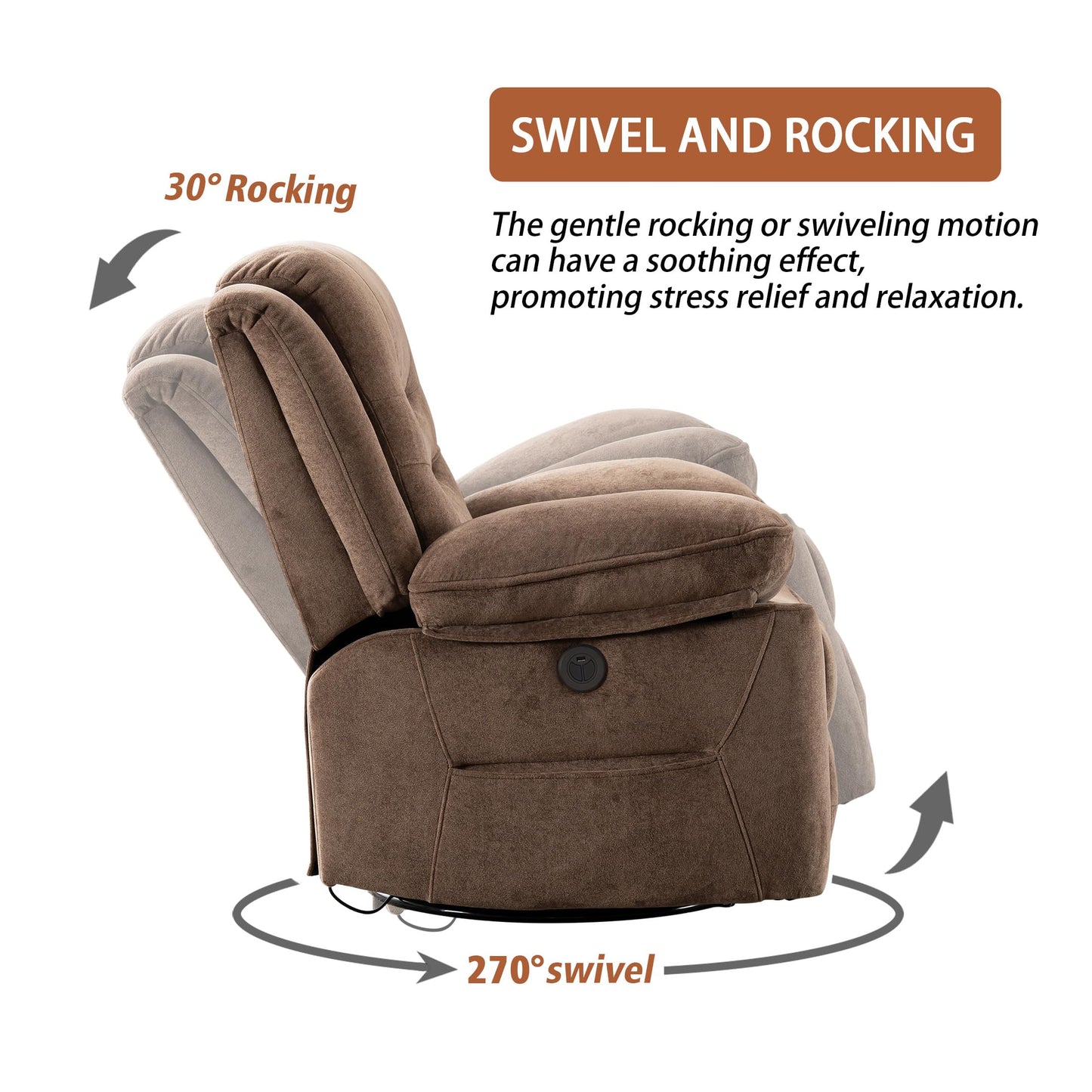 Ketaiyou Power Swivel Rocker Recliner with Massage and Heat, USB Port, Infinite Position, Overstuffed Electric Glider Rocking Chairs Living Room, Soft Fabric Reclining Sofa Chair(Mocha)