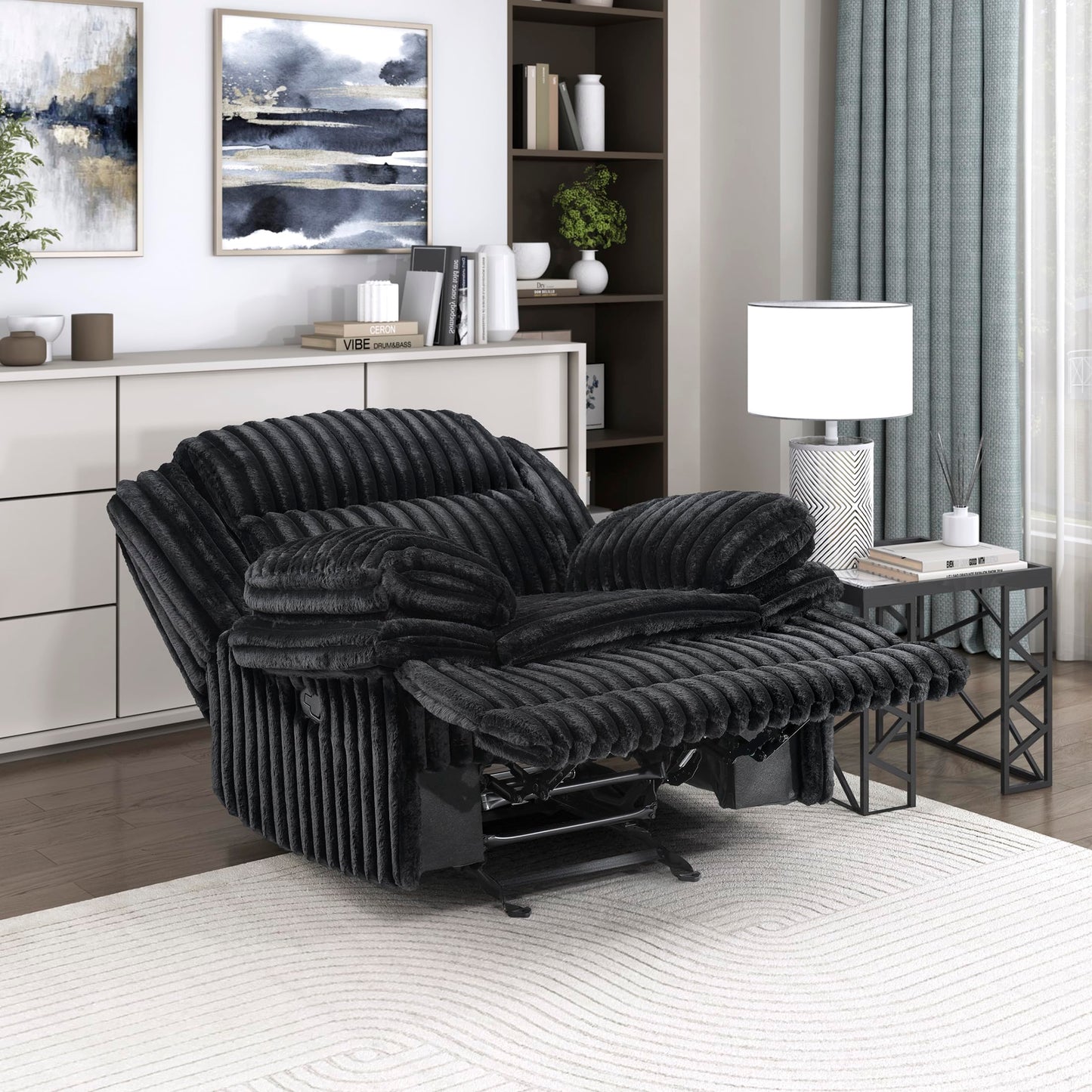 Lexicon Manual Glider Recliner Chair, Corduroy Manual Tab Pull Reclining Chair with Pillow Top Arms, Plush Cushions, Cozy Theater-Style Accent for Living Room/Bedroom, Easy Assembly, Black