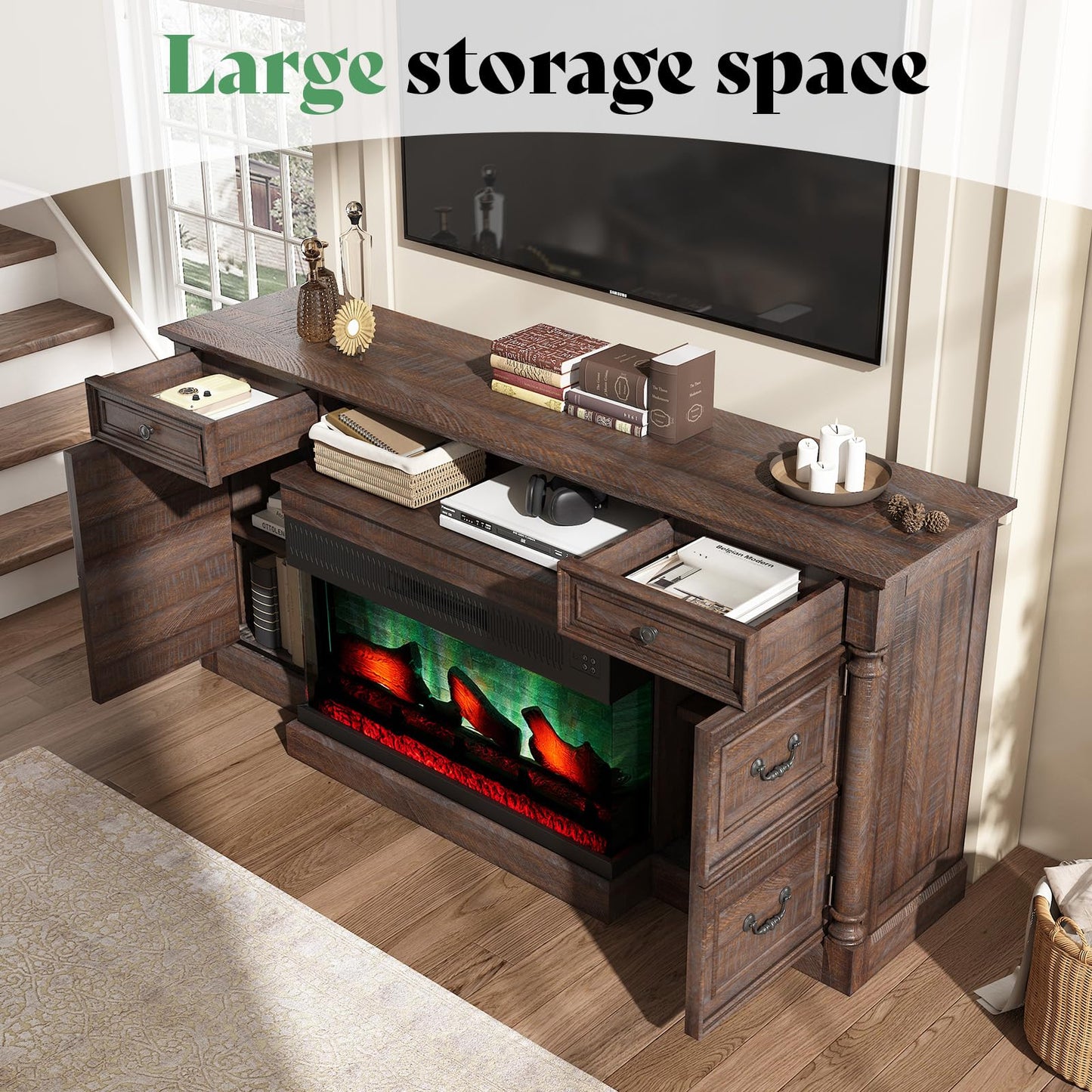 AMERLIFE 75" Fireplace TV Stand, Large TV Stand with 36" Fireplace, Farmhouse Entertainment Center with Solid Wood Roman Column, 2 Drawers & Cabinets Storage, for TVs up to 85", Reclaimed Barnwood