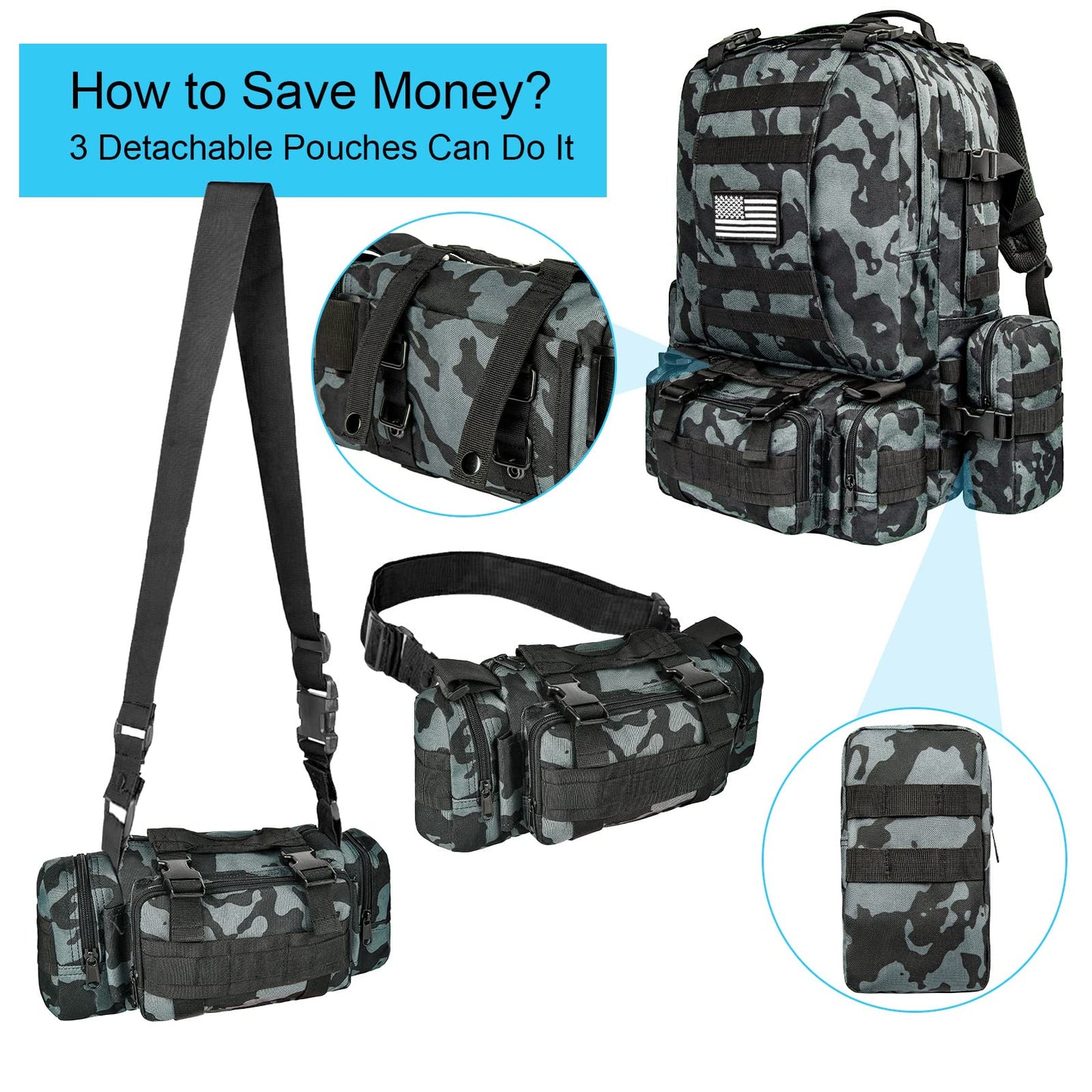 CVLIFE Tactical Backpack Military Army Rucksack 60L Large Assault Pack Detachable Molle Bag