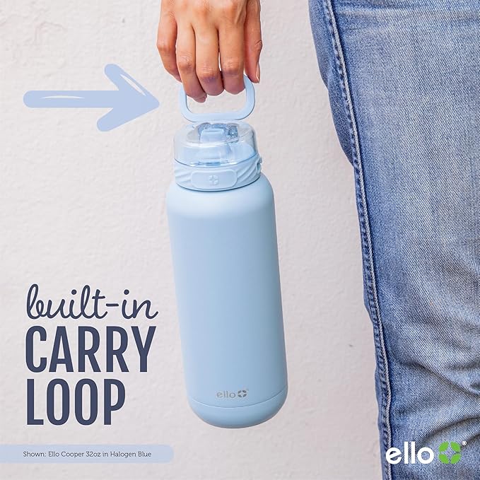 Ello Cooper 22oz Stainless Steel Water Bottle with Straw and Carry Handle, Double Walled and Vacuum Insulated Metal, Leak Proof Locking Lid with Soft Silicone Spout, Reusable, BPA Free, Coral