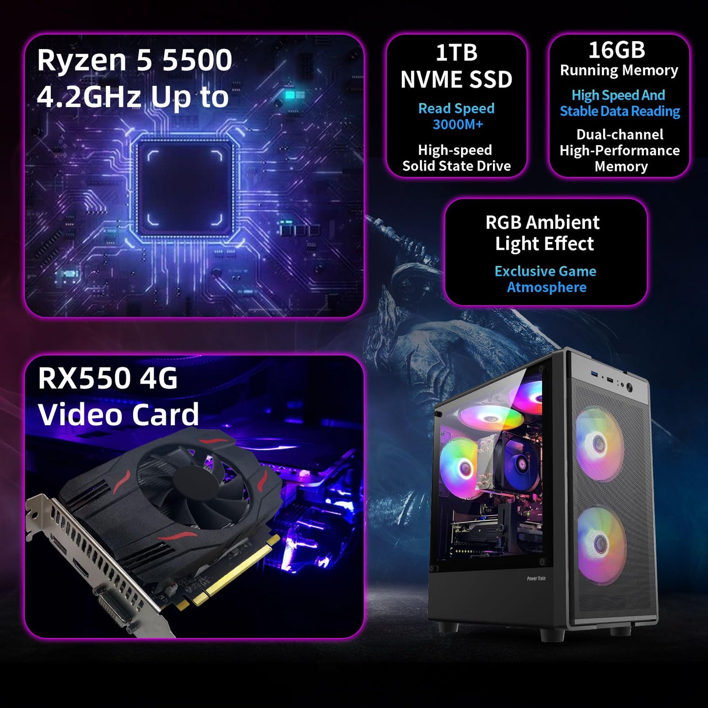 ZER-LON Gaming PC Desktop Computer, AMD Ryzen 5 5500 up to 4.2GHz, Radeon RX 550 4GB, 16G DDR4 RAM, 1TB NVME SSD, WiFi 5.0, Prebuilt Gaming PC Tower Computer with RGB Fan
