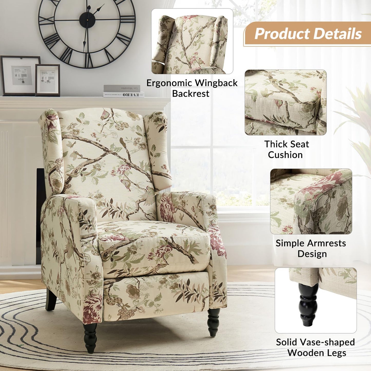 HULALA HOME Wingback Recliner Chair, Traditional Push Back Recliner Single Sofa Chair with Solid Wood Legs, Modern Lounge Armchair for Living Room, Comfy Upholstered Accent Reclining, Bird