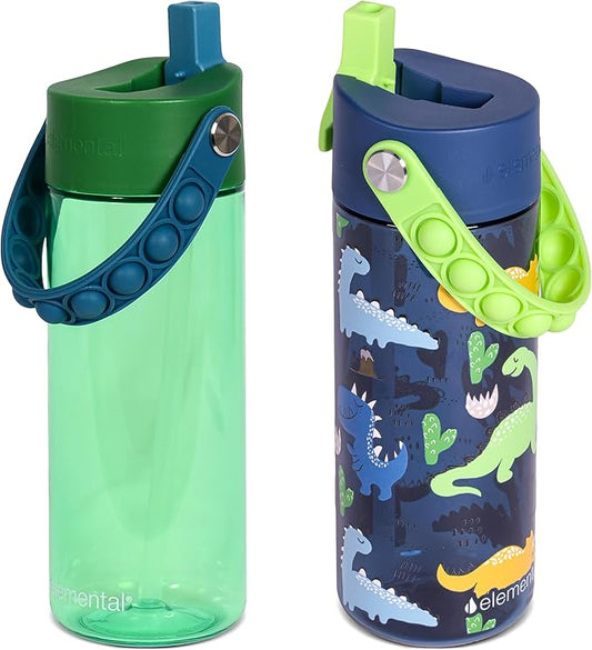 Elemental Leak Proof Water Bottles for Kids - Splash Kids Water Bottle for School with Fun Fidget Pop-it Handle - Tritan Plastic Water Bottle with Straw - Dinosaur & Green - 18oz (2 Pack)