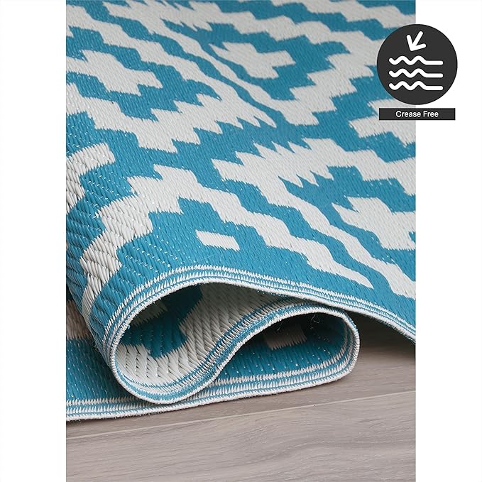 FH Home Outdoor Rug - Waterproof, Fade Resistant, Reversible - Premium Recycled Plastic - Geometric - Large Patio, Deck, Sunroom, Camping, RV - Aztec - Teal & White Crease Free - 6 x 9 ft