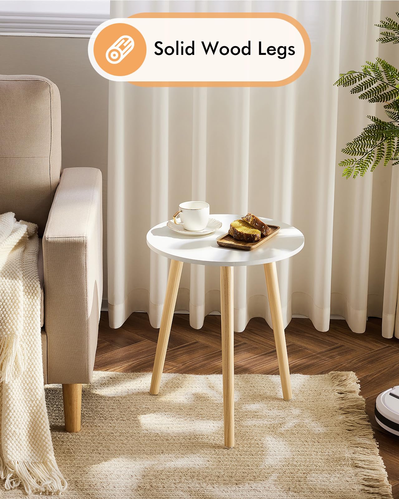 Apicizon Round Side Table, White Bedside Table Coffee End Table for Bedroom, Living Room, Small Spaces, Easy Assembly Nightstands with Natural Wood Legs, 16.5 x 20.5 Inches
