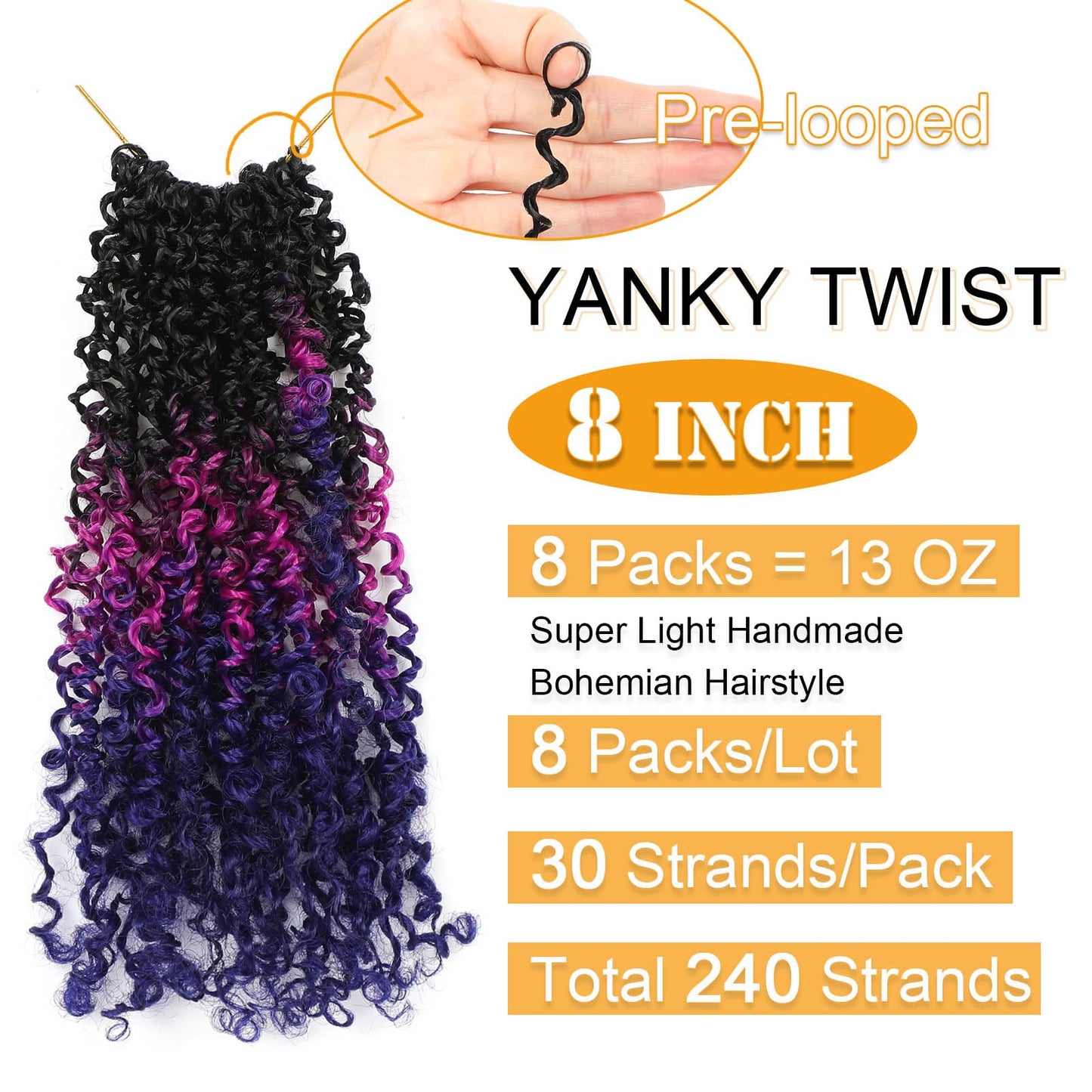 Aksice Pre-looped Yanky Twist Crochet Hair 8 Inch 8 Packs Bohemian Passion Twist Spring Mini Twist Crochet Hair for Black Women Boho Crochet Braids Synthetic (#1b/purple/blue)