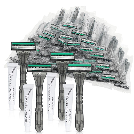 (200 Pcs) Kheoxusa 3 Blade Disposable Razor,Three Blade Disposable Razors,Triple Blade Disposable Razors,Disposable Razors Individually Wrapped,Disposable Razors for Hotel, Airbnb,Homeless,Travel-Grey