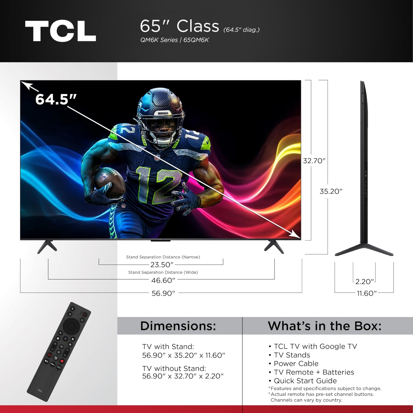 TCL 65-Inch Class QM6K Series QD-Mini LED 4K UHD Google Smart TV Best Value Mini-LED TV - QLED, 144hz, 288hz Gaming Rate, High Contrast Screen, Onkyo Audio, Dolby Atmos (65QM6K, 2025 Model)