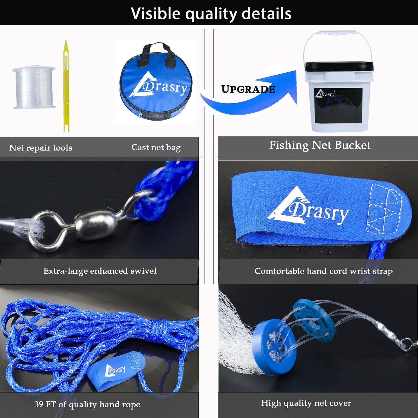 Drasry Saltwater Fishing Cast Net for Bait Trap with Heavy Sinkers Fish Throw Net. Size 3ft/4ft/5ft/6ft/7ft/8ft/9ft Radius Freshwater (Monofilament Lines Cast Net(3/8 Inch Mesh), 3FT(90cm) Radius)