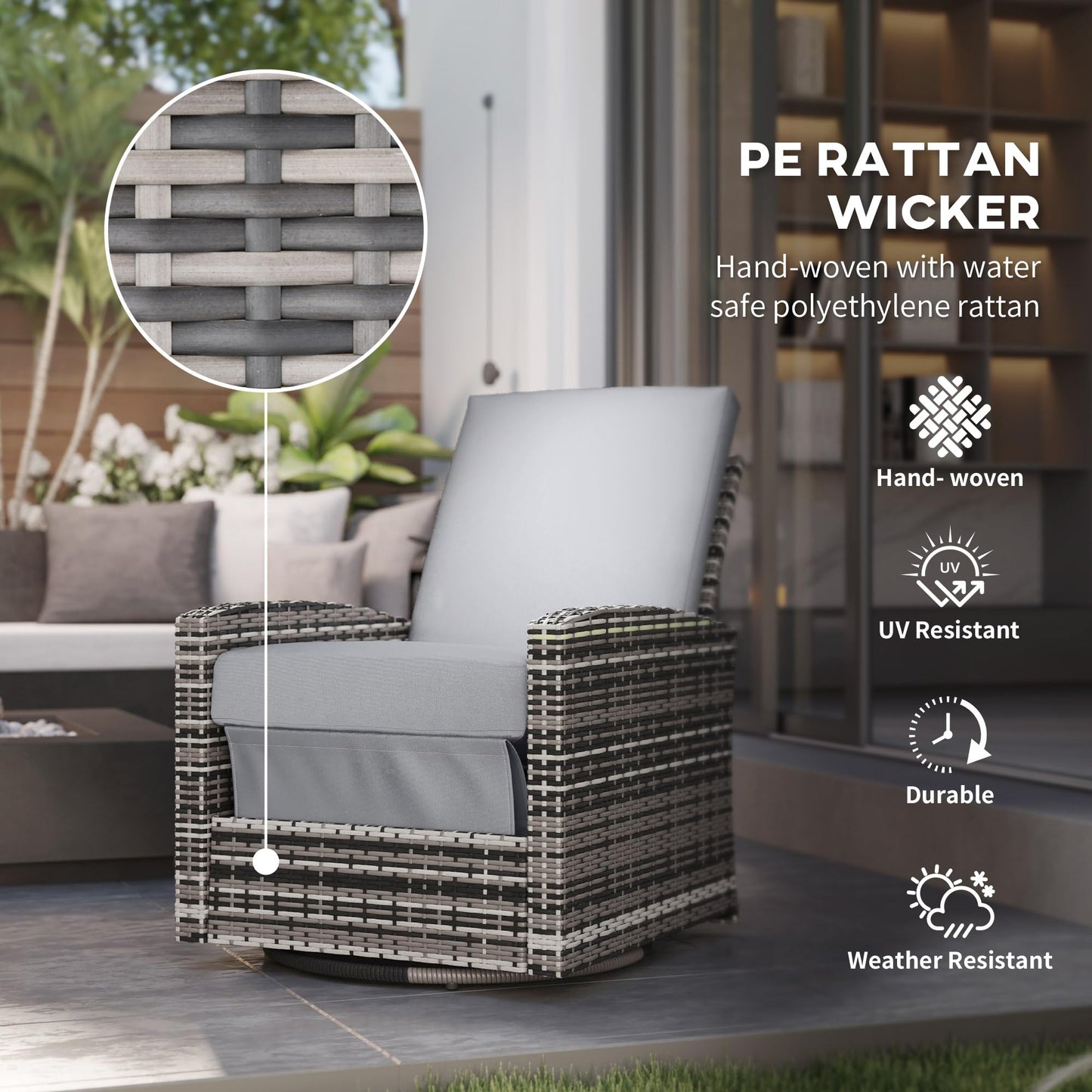 Outsunny Outdoor Wicker Swivel Recliner Chair, Reclining Backrest, Lifting Footrest, 360° Rotating Basic, Water Resistant Cushions for Patio, Gray