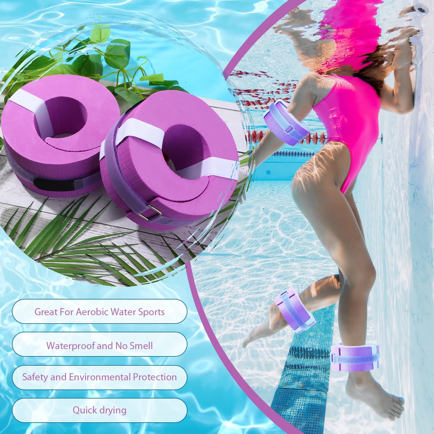 RoundFunny 2 Pcs Foam Swim Aquatic Cuffs Equipment Water Aerobics Float Ring with Detachable Hook and Loop Fastener Fitness Workout Set for Swimming Fitness Training Pool Exercise (Purple)