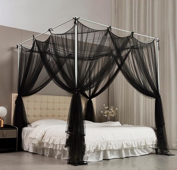 Mengersi Canopy Bed Curtains Bed Canopy with Lights for Girls, Bed Netting Unique Style 4 Door Mosquito Net for Adults Women Bedroom Decor (Black+Lights, King)