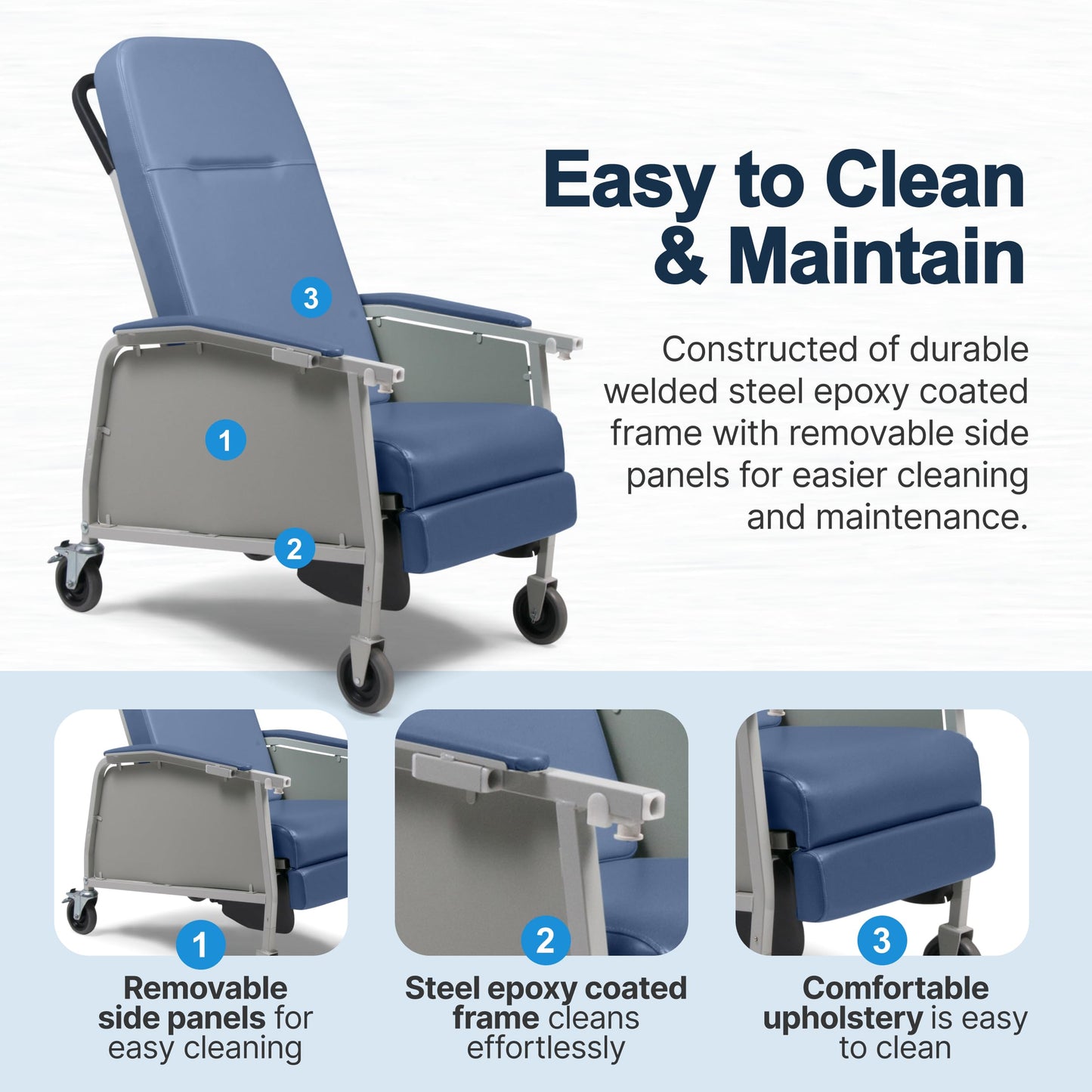 Lumex 3-Position Medical Recliner, Reclining Geri Chair with Wheels, Blue Ridge