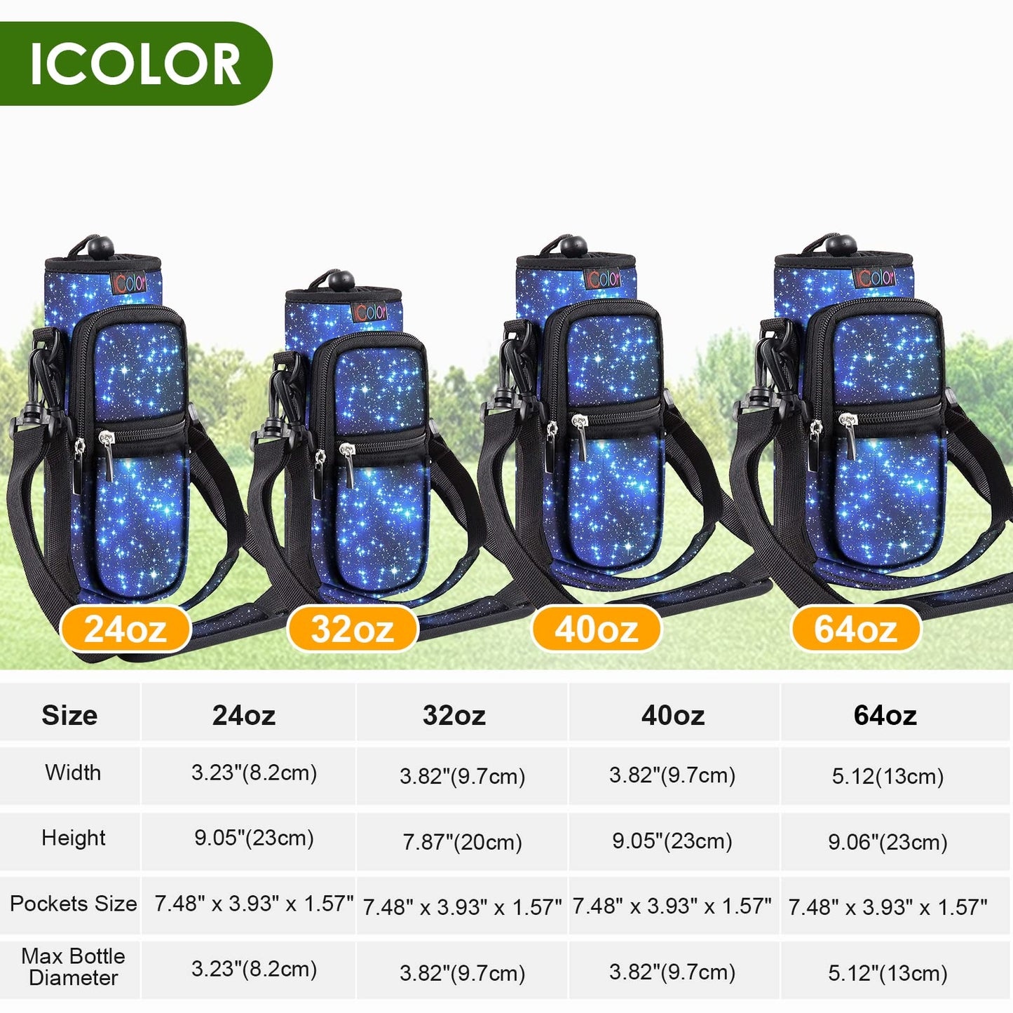 icolor Water Bottle Carrier Bag Holder 25/32/40/64oz,Adjustable Padded Shoulder & Handle Strap Sports Sling Hiking Pack,Insulated Neoprene Wide Mouth Bottle Sleeve