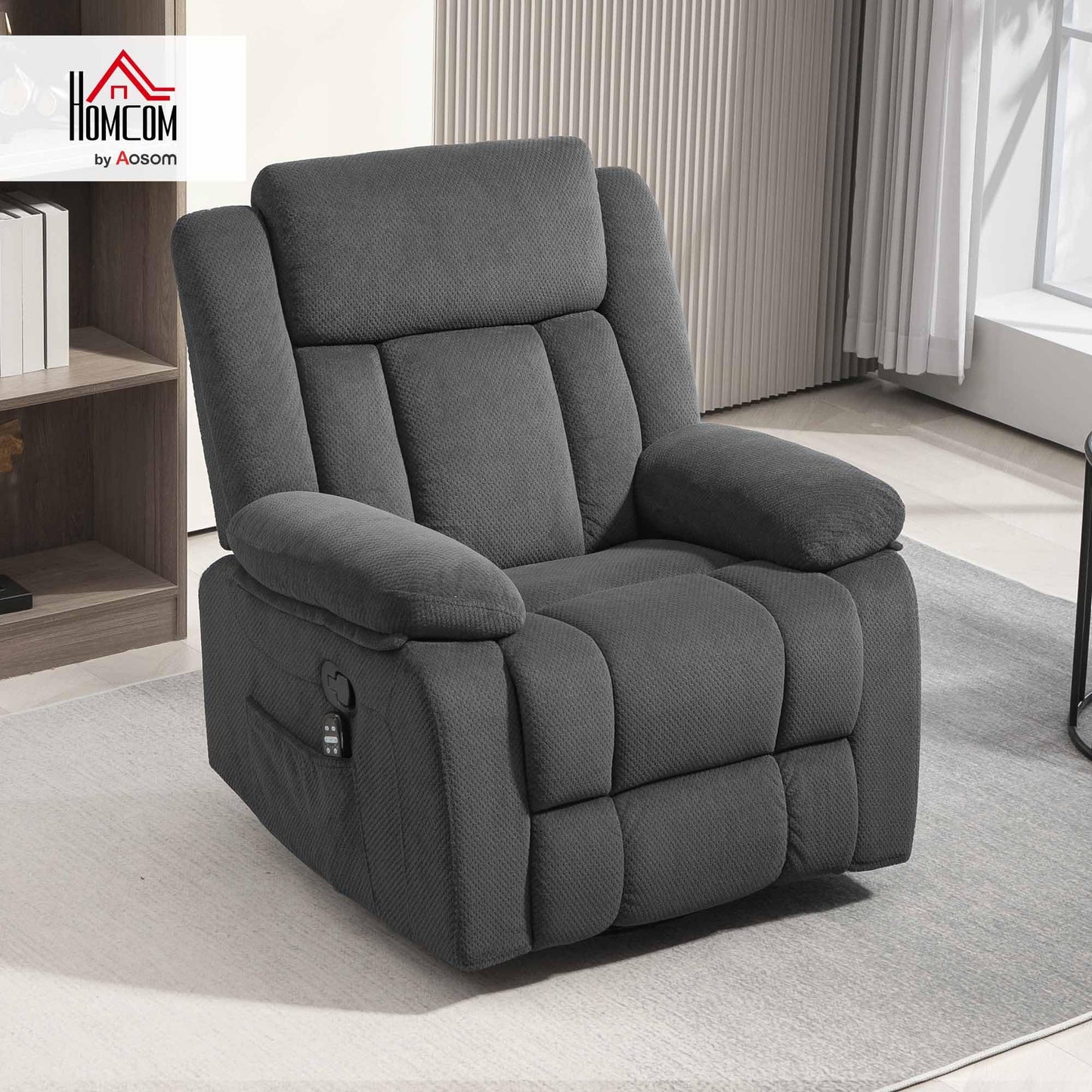 HOMCOM Recliner Chair with Vibration Massage and Heat, Oversized Swivel Rocker Single Sofa with Footrest, Remote and Side Pockets, Velvet Fabric Manual Reclining Chair for Living Room, Gray
