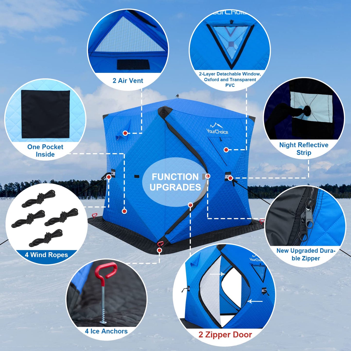 Your Choice Pop Up 3-4 Person Ice Fishing Shelter, Fully Insulated Ice Fishing Shelter, with Insulated Layer to Windproof and Warm Ice Fishing Tent, Ice Fishing Gear and Equipment - Color Blue