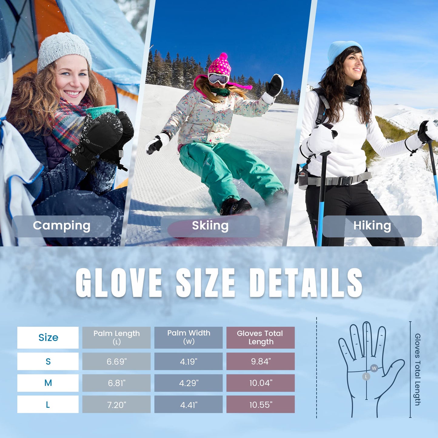 ANDORRA Ski Gloves Women Winter White Ski Mittens Women Waterproof Skiing Mittens for Women Touchscreen Zipper Pocket Womens Snow Gloves, White,M
