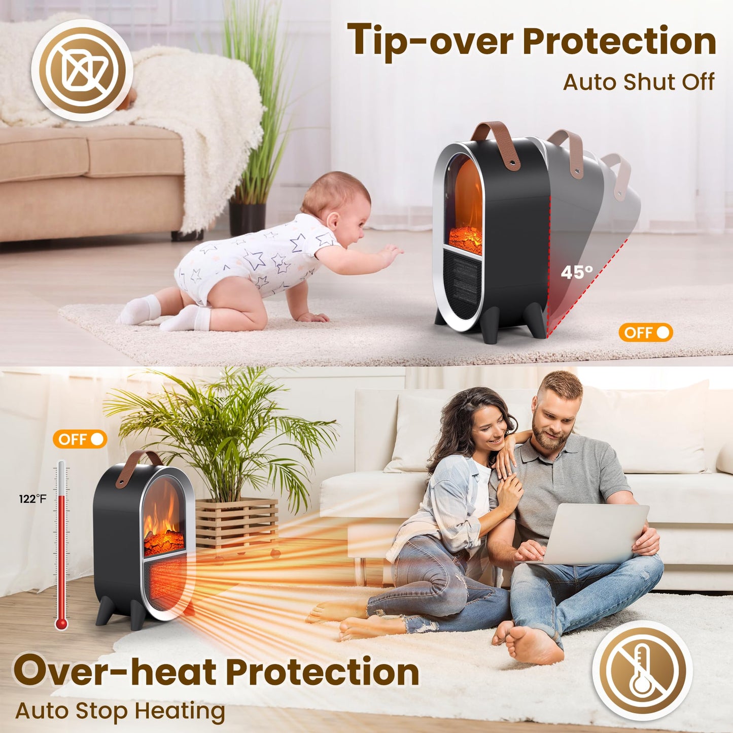Riseon Small Space Heater for Indoor Use, 1500W/750W Portable Electric Fireplace Heater with 3D Flame, Ceramic Heating with Thermostat Overheat & Tipover Protection for Home Office Room Desk, Black