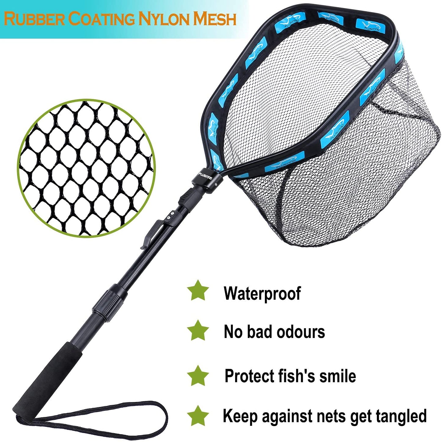 PLUSINNO Floating Fishing Net for Steelhead, Salmon, Fly, Kayak, Catfish, Bass, Trout Fishing, Rubber Coated Landing Net for Easy (19.7"/50cm Hoop Size Length 1.35M Blue (Telescopic Pole))