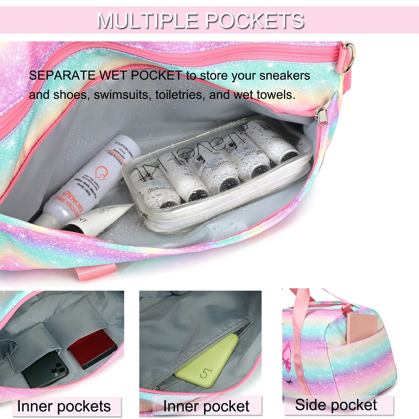 Dance Ballet Bag Girls Gymnastics Bag Overnight Duffle Bag Unicorn Sports Gym Bag with Shoe Compartments, Teens Sleepover Carry On Bag