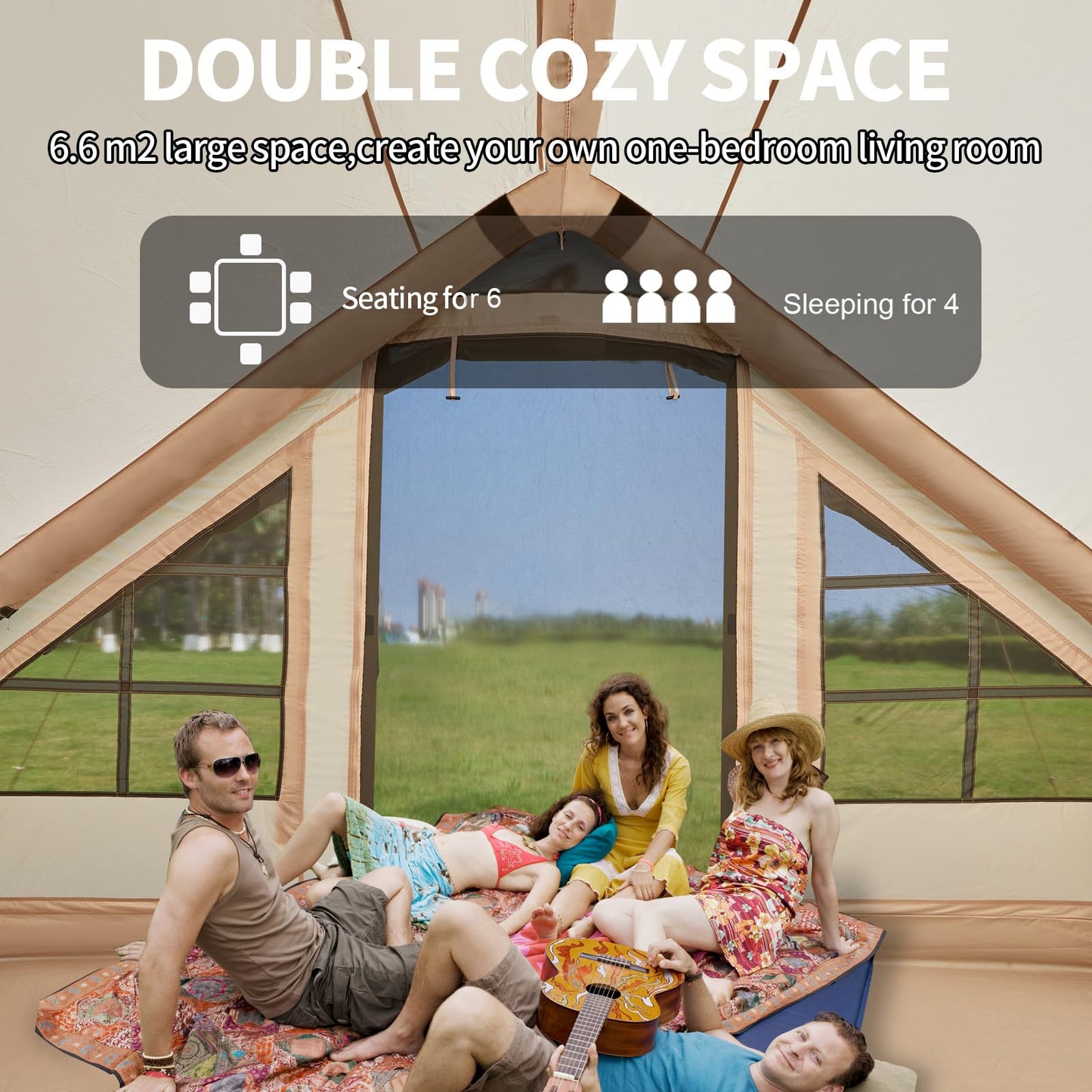 Inflatable Tent with Pump, 4-6 Person Glamping Camping Tents House, Easy Setup Blow Up Family Tents for 4 Seasons Waterproof Inflatable Tent for Camping with Mesh Windows.