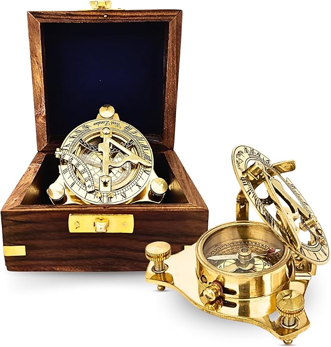 Antique Brass & Copper Sundial Compass, Sundial Clock in Box Gift Sun Clock Ship Replica Watch, Nautical Gifts for Men, Unique Nautical Decor, Naval Maritime Sundial (#3 Golden Sundial)