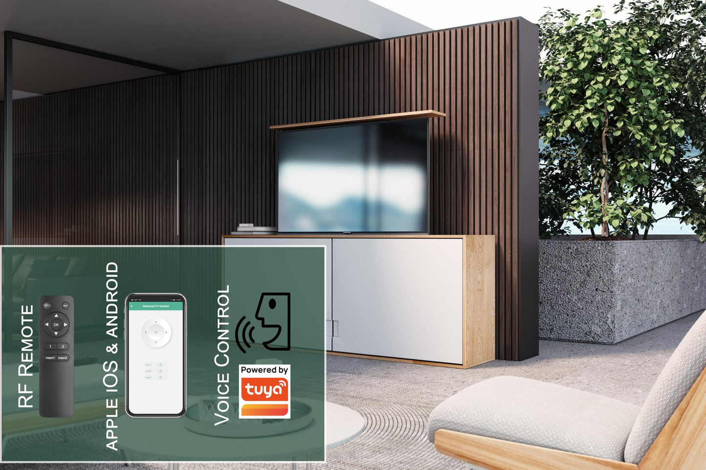 ynVISION.DESIGN Motorized TV Lift Mount for 37"-77" TV's | Vertical Lift Motor TV Stand with RF Remote and Smart Phone Control via WiFi