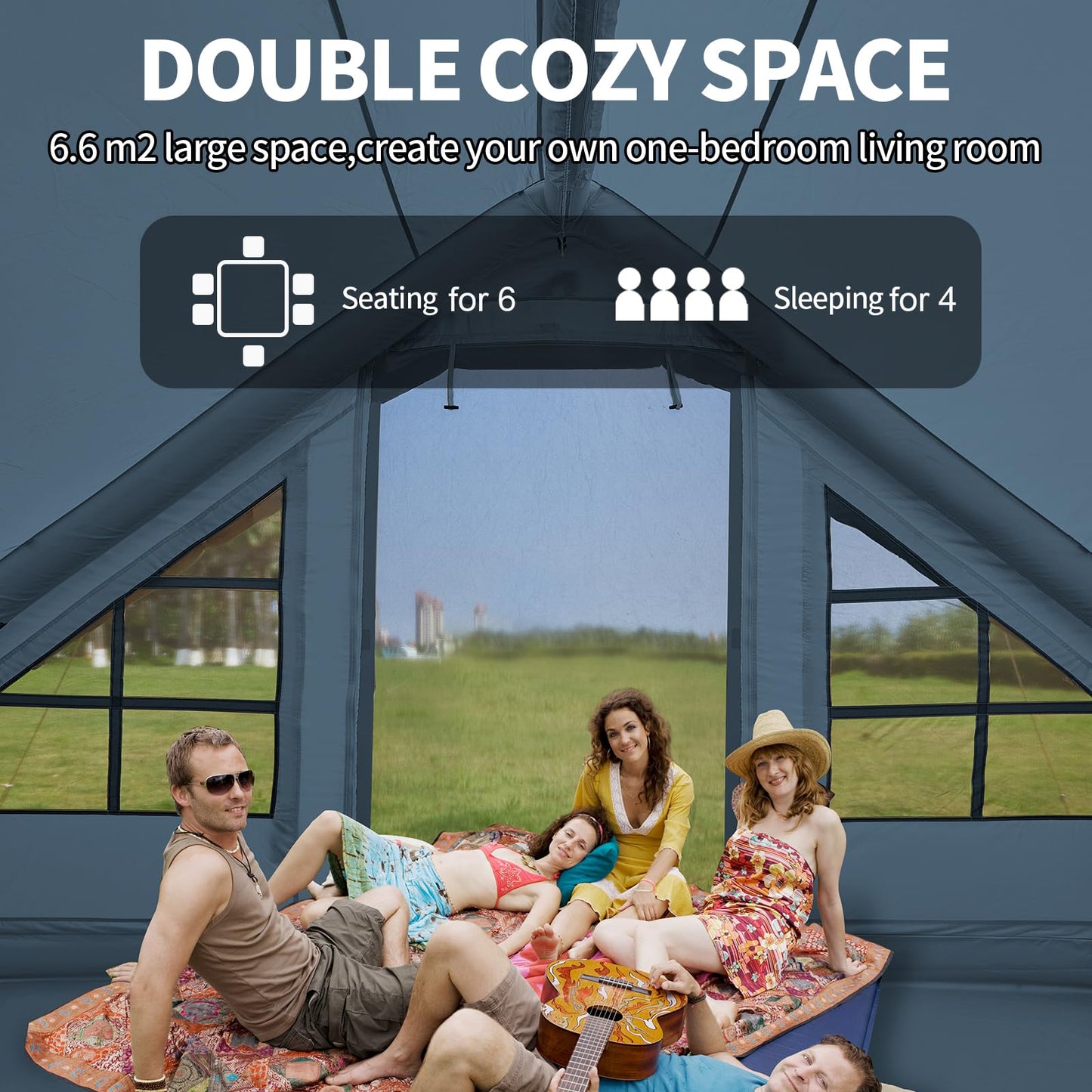 Inflatable Tent with Pump, 4-6 Person Glamping Camping Tents House, Easy Setup Blow Up Family Tents for 4 Seasons Waterproof Inflatable Tent for Camping with Mesh Windows.
