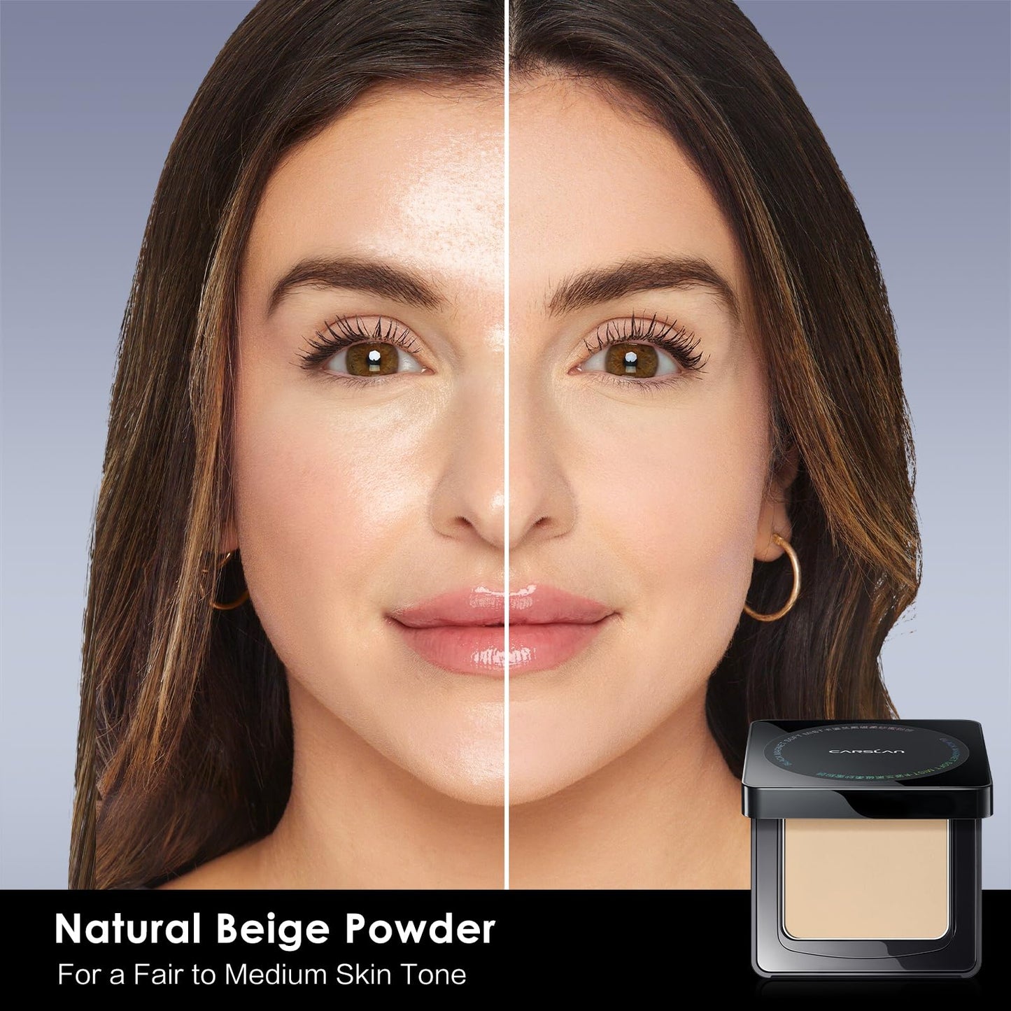CARSLAN Oil Control Face Pressed Powder Compact, 24H Longlasting Waterproof Pressed Setting Powder Foundation Makeup, Shine Free, Poreless, Smooth, 01 Natural Beige for dry skin (0.28Oz)