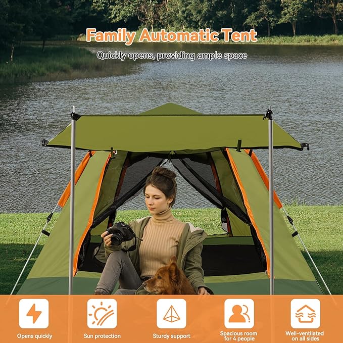 YUSING Instant Tents for Camping Pop Up Tent, Family Camping Tent for 4 Person, Pop Up Tent with Vestibule and Mesh Windows, UPF 50+
