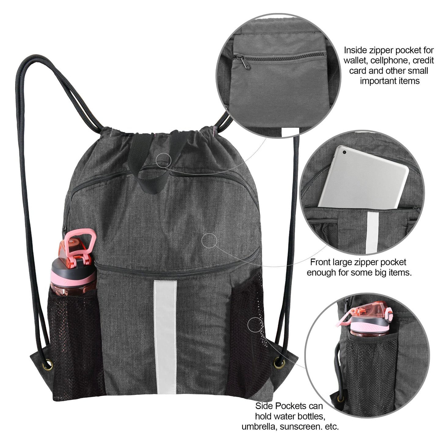 BeeGreen Red Drawstring Backpack Bag with Shoe Compartment X-Large Gym Sports String Cinch Sackpack with Front Inside Zipper Pockets 300D
