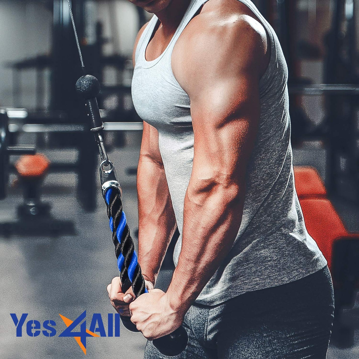 Yes4All Deluxe Blue Black Tricep Rope 36 Inches Black Cable Attachment, Pulley System Gym Pull Down Rope with Carabiner, Exercise Machine Attachment