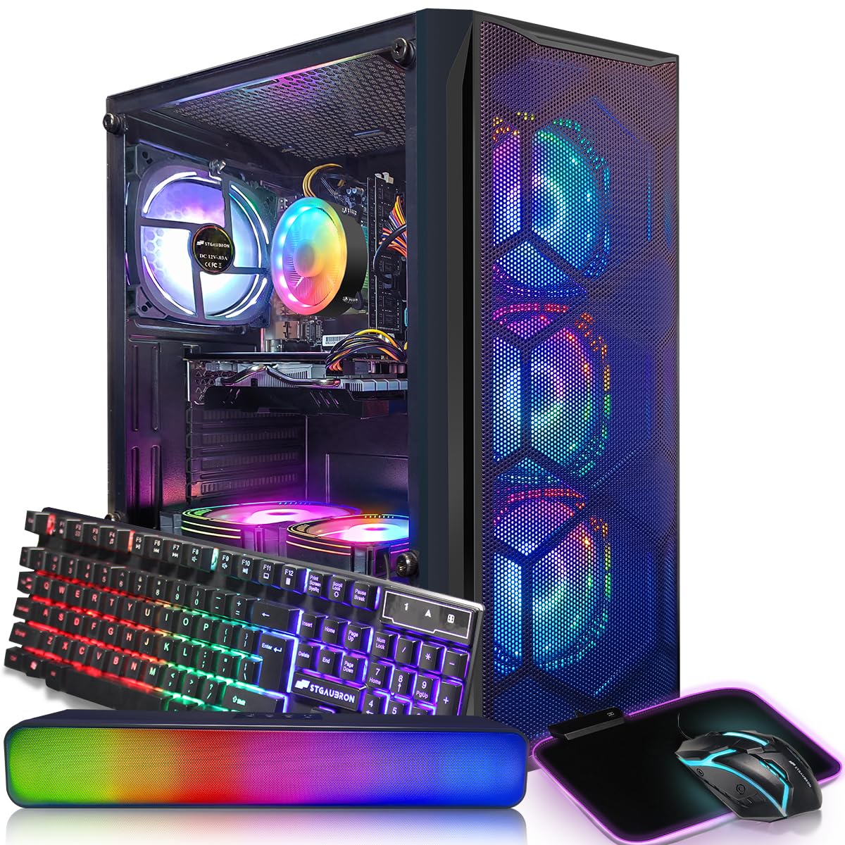 STGAubron Gaming PC Desktop Computer, Intel Core I7 up to 3.9 GHz, Radeon RX 580 8G, 16G RAM, 512G SSD, WiFi, Bluetooth 5.0, RGB Fan x6, RGB BT Sound Bar, Windows 10 Home