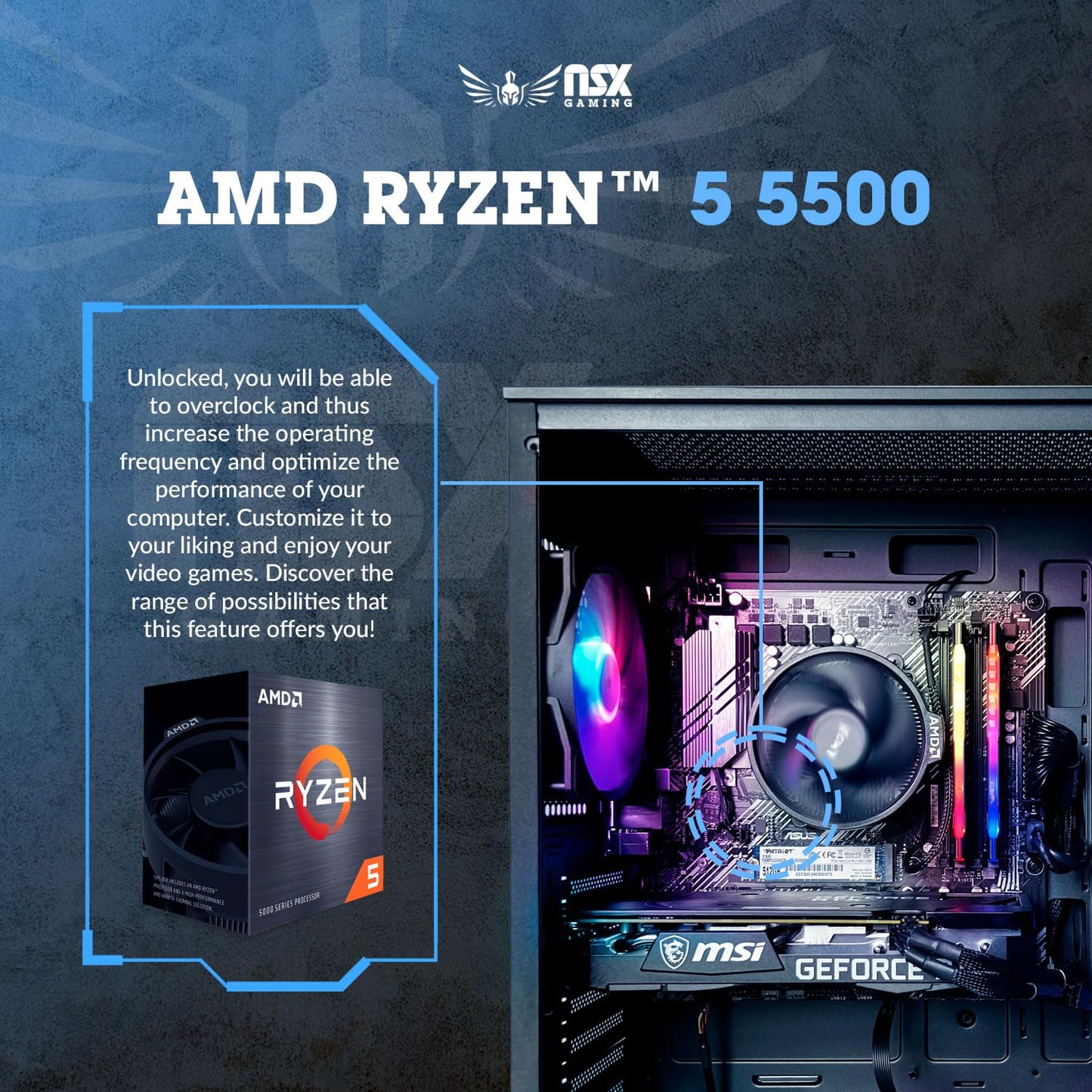 NSX GAMING Tomcat Desktop Pc Ryzen 5 5500, RTX 3050 6GB, (2 * 8GB) 16 Gb RAM 3600 RGB, SSD 480GB M.2 NVME, W11, WiFi Ready, Mouse and Keyboard, 1 Year Manufacturer