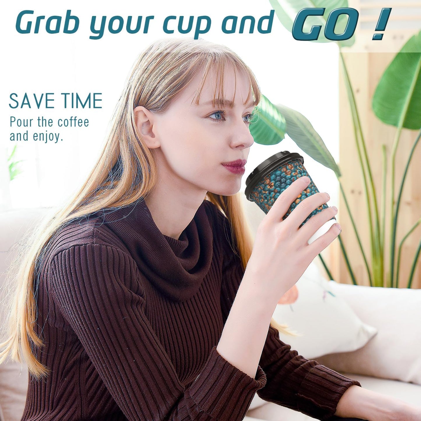 Qunclay Disposable Paper Coffee Cups with Lids, 100 pack 12 oz Embossed Paper Cups, Double Wall Insulated Takeaway To Go Hot Drinking Cups for Home Office Wedding Party Supply, Blueness